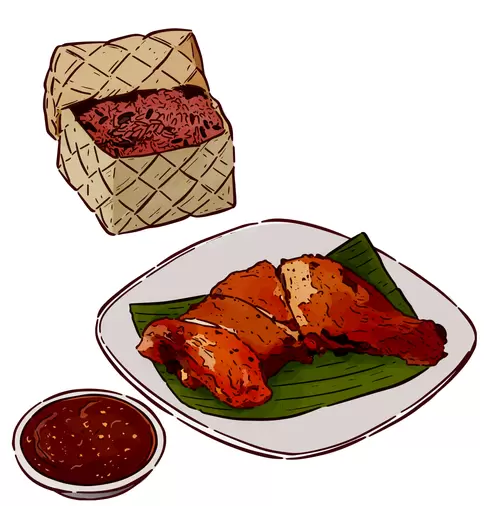 Griued chicken, sticky rice Illustration Material