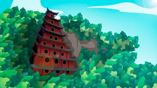 Ancient Chinese Building,ancient tower on the cliff Illustration Material