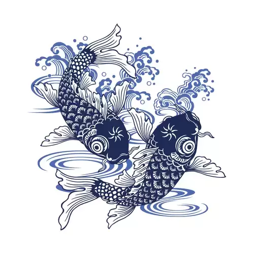 Blue and white porcelain koi pattern Illustration Material