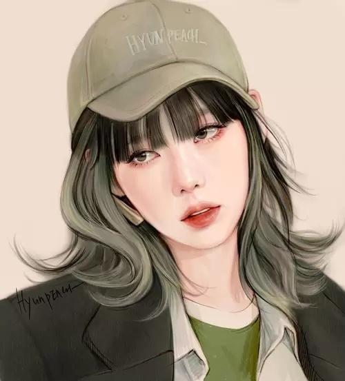 Beautiful Girl,Baseball Cap,Green Hair Woman Illustration Material