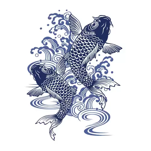 Blue and white porcelain koi pattern Illustration Material