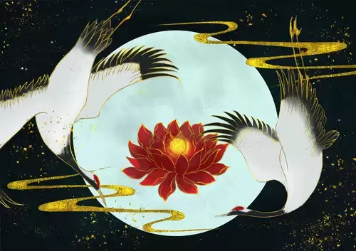 Antique Picture,Lotus in moonlight Illustration Material