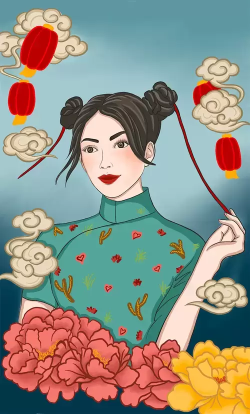 Girl in Cheongsam Illustration Material