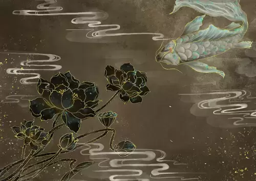 Antique Picture,Lotus in moonlight Illustration Material