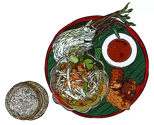 Somtum Thai with fried chicken Illustration Material