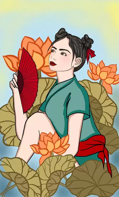 Girl in Cheongsam Illustration Material